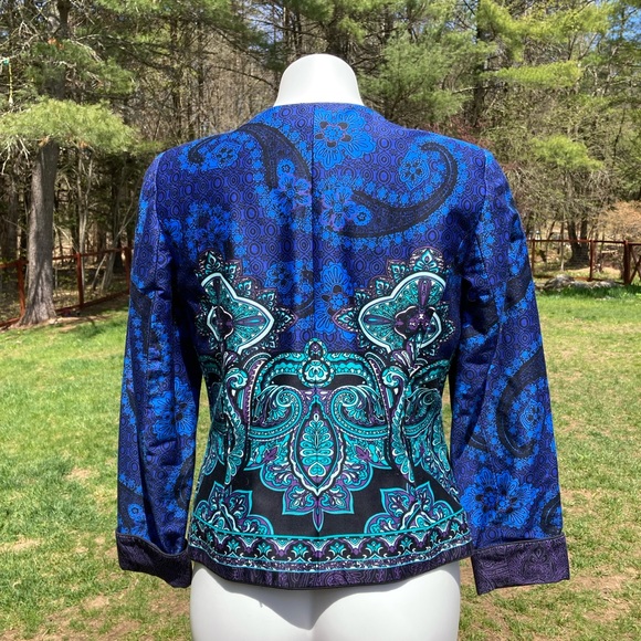 Symmetrical paisley front blue/green jewel tone jacket size 8P - Picture 2 of 6